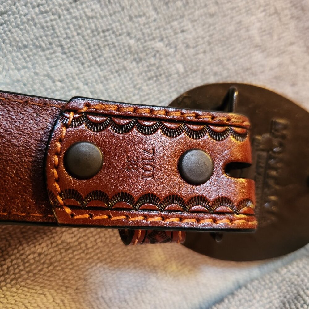 Western Leather Belt sz 38 & Montana Silversmith Brass Buckle Horse - Picture 4 of 6